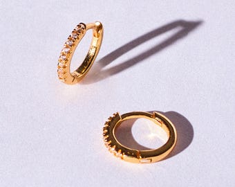 Fine 7.5mm Pavé Diamond Huggie Earrings: 18k Gold Plated Sterling Silver