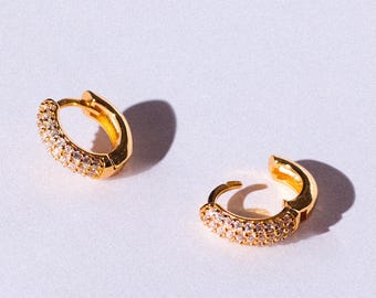 Wide Pavé Diamond Huggie Hoops: 18k Gold Plated Sterling Silver Stacking Earrings