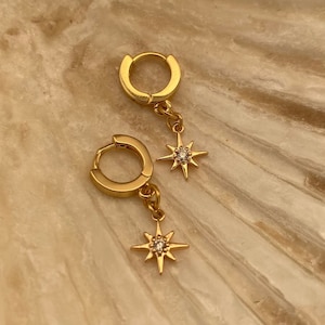 7mm 'North Star' Drop Hoop Earrings - 18k Gold Plated - Gold Handmade Huggies - Starburst Star Charm Hoop Earrings - Dangly Hoop Earrings