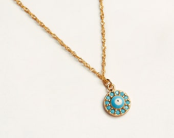 Greek Evil Eye Delicate Necklace - 18k Gold Plated Sterling Silver - Summer Necklace - Turkish Lucky Eye - Blue and Gold Charm Necklace