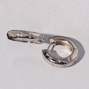 Medium Size Sterling Silver Celestial Hoop Earrings – Star Engraved Jewelry