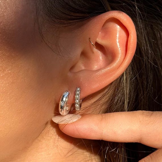 Small Size Celestial Star Engraved Sterling Silver Hoop Earrings: Chunky Huggie Earrings for Everyday