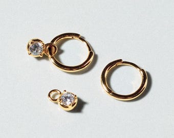 Dainty 18k Gold Diamond Drop Hoop Earrings - Removable Charm Earrings
