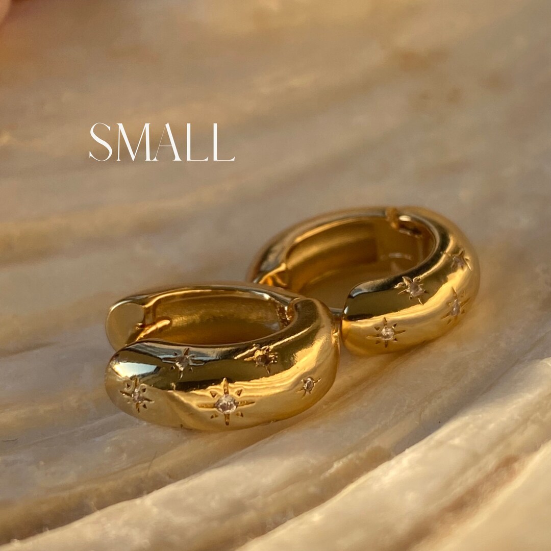 Small 'Celestial' Chubby Hoops - 18k Gold Plated - Star Huggie Hoop Earrings - Gold Chunky Jewellery - Cosmic Earrings - Gift for Her