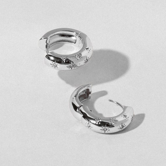 Pair Of 925 Sterling Silver Gold PVD White CZ Starburst Minimal Hoop Earrings Pair Of 925 Sterling Silver Gold PVD White CZ Starburst Minimal Hoop Earrings
