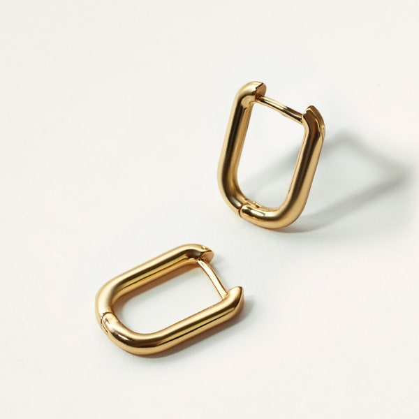 Oval Hoops - Waterproof 18k Gold Plated Stainless Steel - Tarnish Free Gold Hoops - U Shape Rectangle Hoop Earrings - Waterproof Jewellery