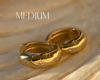Medium Size 'Celestial' Chubby Hoops - 18k Gold Plated - Star Engraved Diamond Hoop Earrings - Cosmic Statement Gold Chunky Jewellery