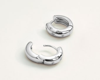 Medium Size 'Celestial' Chubby Hoops - Silver Plated - Star Engraved Diamond Hoop Earrings - Cosmic Statement Silver Chunky Jewellery