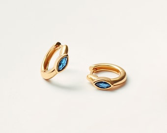 Sapphire Marquise Huggies - 18k Gold Plated Sterling Silver - Blue Gemstone - September Birthstone Hoop Earrings - Birthstone Jewellery