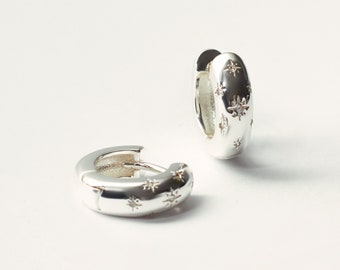Small Size 'Celestial' Silver Chubby Hoops - Silver Plated - Star Huggie Hoop Earrings - Silver Chunky Jewellery - Silver Hoop Earring