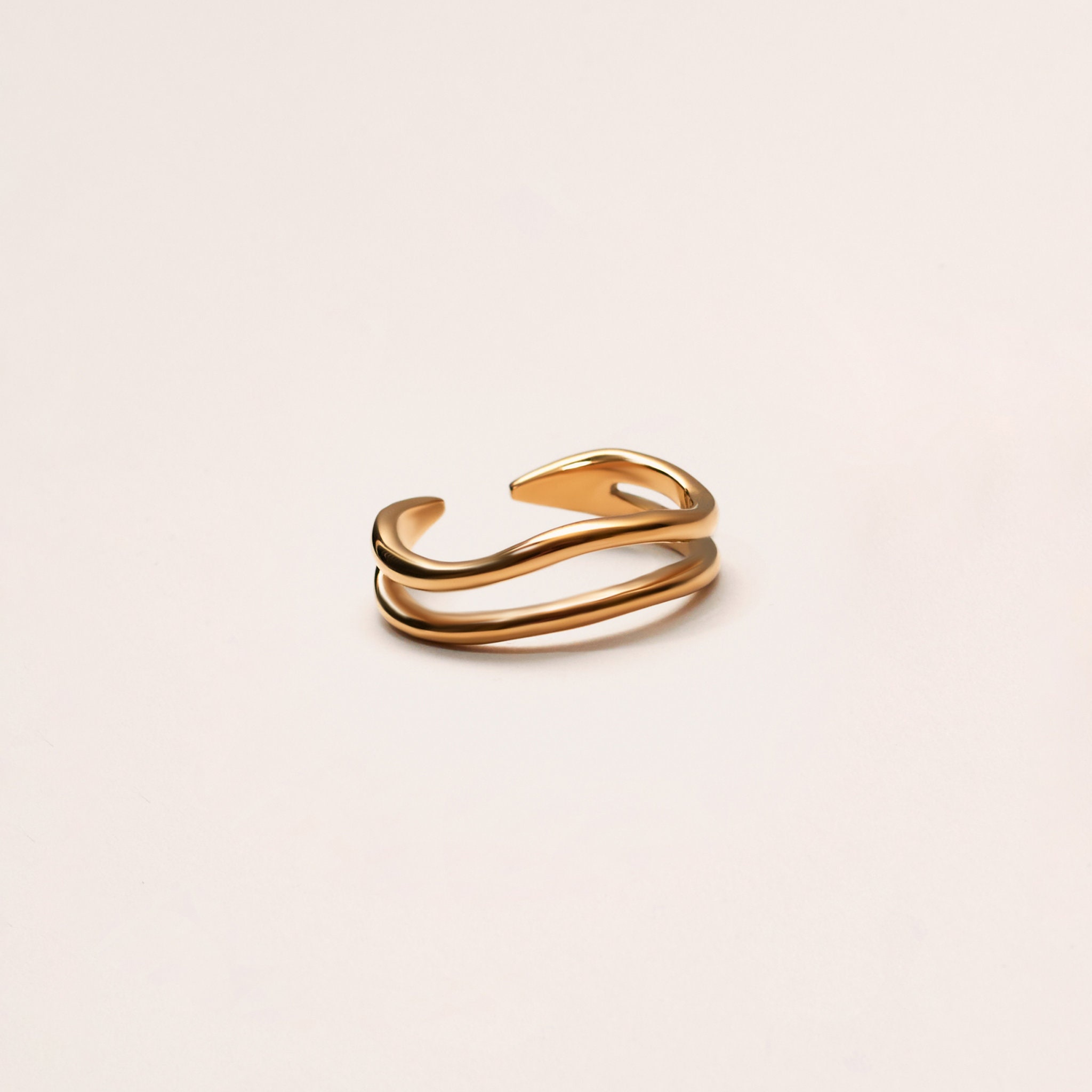 18K Gold Plated Double Band Ring - Adjustable Tarnish Free Dainty Statement Stacking Unique