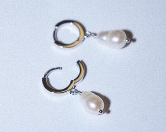 Sterling Silver Pearl Drop Hoop Earrings: Elegant Freshwater Pearl Huggies