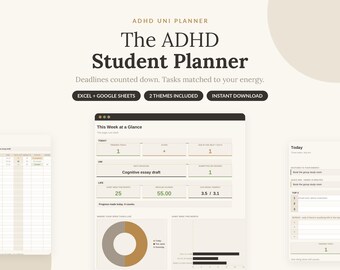 Planificador para estudiantes con TDAH / Cuenta regresiva para plazos de entrega, ajuste de energía (Excel, Google Sheets)
