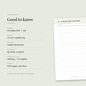 May include: A printable PDF document titled Good to know, detailing 21 pages including an update log. The text specifies A4 format, instant download, and manual filling. A sample page titled 16 A LETTER TO MY LOVED ONES features lined paper for writing.