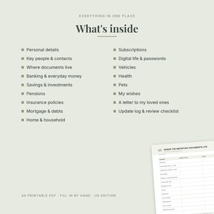 May include: A light green document page titled What's inside, listing categories like Personal details, Banking, and Insurance policies. A partial view of a table titled 03 WHERE THE IMPORTANT DOCUMENTS LIVE is visible. Text includes A4 PRINTABLE PDF.