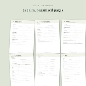 May include: A set of printable planner pages featuring the text "TAKE A LOOK THROUGH" and "21 calm, organised pages". The documents include sections for personal details, banking, pensions, home and household, vehicles, and pets with lines.