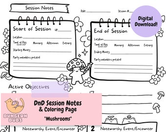 DnD Session Notes & Coloring Page - Mushrooms