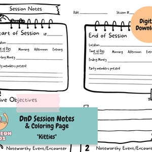 May include: Digital download of a D&D session notes and colouring page in black and white. The design features a notepad with lines for notes, cat illustrations, and the text "DnD Session Notes & Coloring Page Kitties".