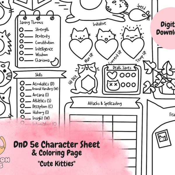 DnD 5e Character Sheet & Coloring Page - Kitties