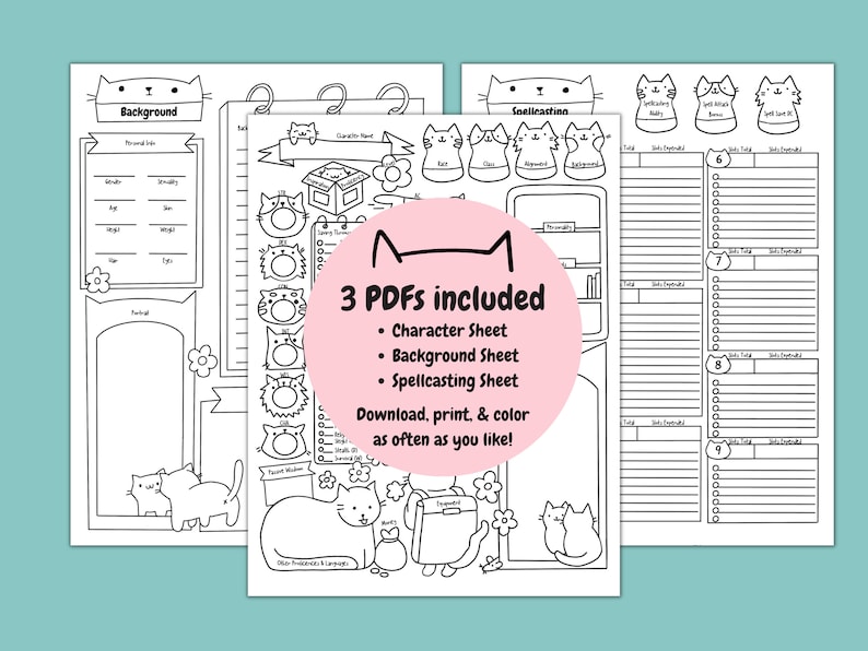 May include: Three printable PDF sheets featuring a cat theme. The sheets include a character sheet, a background sheet, and a spellcasting sheet. Each sheet is black and white and features cute cat illustrations.