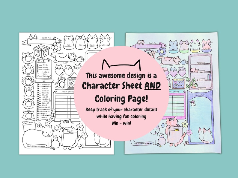 May include: A printable character sheet and coloring page featuring a cute cat theme. The sheet includes sections for character name, stats, skills, and inventory. The coloring page features a cat with a backpack and other cat-themed illustrations.