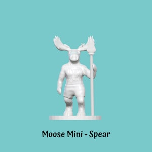 May include: White painted miniature figurine of a moose holding a spear. The moose is wearing shorts and has antlers. The figurine is standing on a small base. Moose Mini - Spear.