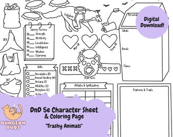 DnD 5e Character Sheet & Coloring Page - Trashy Animals