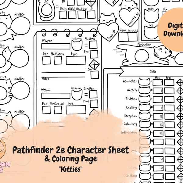 Pathfinder 2e Character Sheet & Coloring Page - Kitties