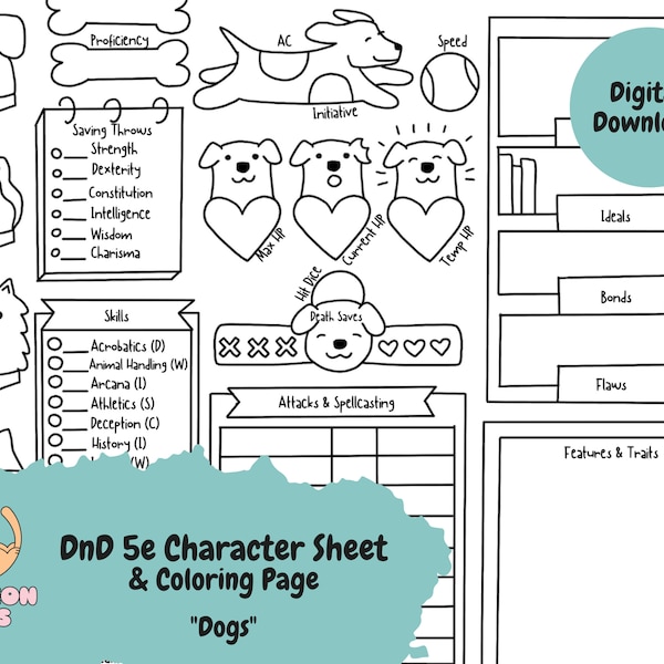 DnD 5e Character Sheet & Coloring Page - Dogs