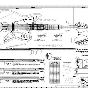 May include: A black and white line drawing of a guitar with detailed diagrams of the guitar's body, neck, and electronics. The drawing includes text labels for "Guitar Top View", "Guitar Right Side View", and "Electric Switch View".