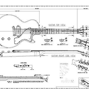 以下が含まれることがあります： ギターの白黒線画で、詳細な寸法と上面、右側、底面からのビューが示されています。図には、「ギター上面図」、「ギター右側図」、「下面図」のテキストラベルが含まれています。