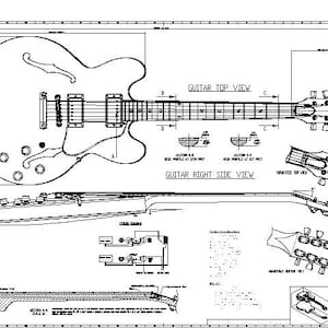 May include: Black and white line drawing blueprint of a guitar with detailed measurements and side views labeled "Guitar Top View" and "Guitar Right Side View".