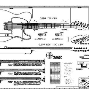 Könnte beinhalten: Schwarz-weiß-Linienzeichnung eines E-Gitarren-Bauplans. Die Zeichnung zeigt die Draufsicht und die Seitenansicht der Gitarre, einschließlich Korpus, Hals und Kopfplatte. Die Zeichnung enthält auch Textbeschriftungen für verschiedene Teile der Gitarre, wie z. B. "Gitarre Draufsicht" und "Gitarre Rechte Seitenansicht".
