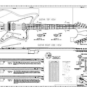Peut inclure: Un dessin au trait noir et blanc d'un plan de guitare avec des instructions détaillées pour la construction d'une guitare. Le plan comprend une vue de dessus, une vue latérale droite et un gros plan de l'électronique de la guitare. Le texte sur le plan comprend "Guitar Top View", "Guitar Right Side View" et "Magnetic Switch View".
