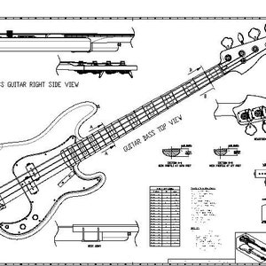 以下が含まれることがあります： ボディ、ネック、ヘッドストックの詳細なビューを持つベースギターの白黒線画。図面には、ギターのさまざまな部分の寸法とラベルが含まれています。