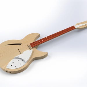 May include: Unfinished wooden electric guitar body with a natural wood finish and a white pickguard. The guitar has a hollow body and a single cutaway.