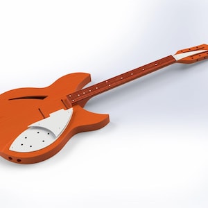Puede incluir: Una guitarra eléctrica naranja con una golpeador blanco y un diapasón de madera. La guitarra está en estado de montaje parcial.