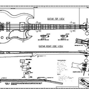 May include: A black and white line drawing of a guitar blueprint. The drawing shows the top, right side, and headstock views of the guitar. The drawing includes measurements and details of the guitar's construction.
