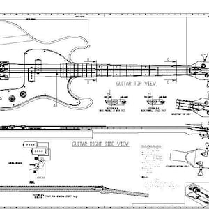 Puede incluir: Dibujo técnico detallado de un bajo, que muestra vistas superior y lateral derecha. Incluye medidas, diagramas de perfiles de mástil y esquemas de cableado. El dibujo es en blanco y negro.