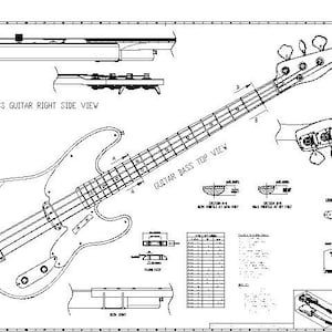 May include: A black and white line drawing of a bass guitar, showing the right side view, top view, and a close-up of the headstock. The drawing includes labels for different parts of the guitar, such as the body, neck, and bridge.