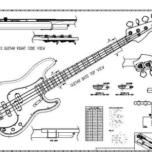 以下が含まれることがあります： ベースギターの白黒線画と、その製作に関する詳細な手順が示されています。図面には、ギターの上面図、右側面図、断面図が含まれています。図面上のテキストには、「Bass Guitar Right Side View」、「Guitar Bass Top View」、「Section 1」、「Section 2」、「Max Profile at 22nd Fret」が含まれています。