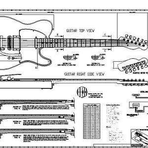 May include: Black and white line drawing blueprint of an electric guitar with detailed measurements and instructions for building the guitar. The drawing includes a top view, right side view, and close-up views of the neck, body, and bridge.