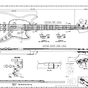 Könnte beinhalten: Eine Schwarzweiß-Linienzeichnung einer Bassgitarre, die die Ansichten von oben, rechts und vom Kopf zeigt. Die Zeichnung enthält Maße und Details zur Konstruktion der Gitarre.