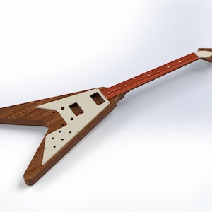 May include: A wooden V-shaped electric guitar body with a brown finish. The guitar features a cream-colored pickguard with cutouts and a reddish-brown neck with white fret markers. The headstock is also brown with a white accent.