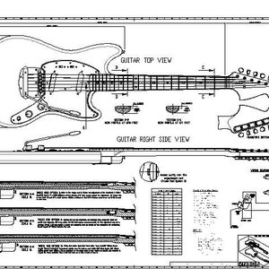 May include: A black and white line drawing of a guitar blueprint. The drawing shows the top and side views of the guitar, including details of the body, neck, and headstock. The drawing also includes text labels for different parts of the guitar, such as "Guitar Top View" and "Guitar Right Side View".