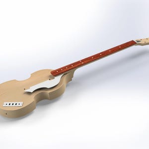 May include: Unfinished wooden bass guitar with a natural wood finish and a red wood neck. The body is shaped like a violin.