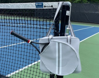 TENNIS BAG Gray Neoprene Tennis bag with White and Gray Stripe, Sports Bag, paddle tennis bag, platform tennis bag