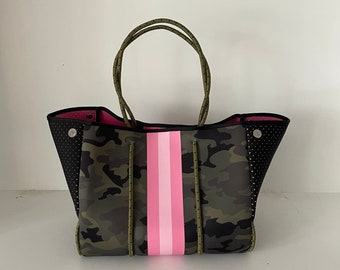 Neoprene Tote Camouflage Camo Bag with Pink Stripe Pool Vacation Travel Teacher Present Beach Bag Work Diaper Baby Military Swim Girls Trip