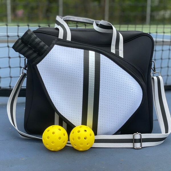 SAC PICKLEBALL Sac de paddle-tennis en néoprène conçu et fabriqué sur mesure, sac de tennis à plateforme, Pickle Ball, noir, blanc, argent