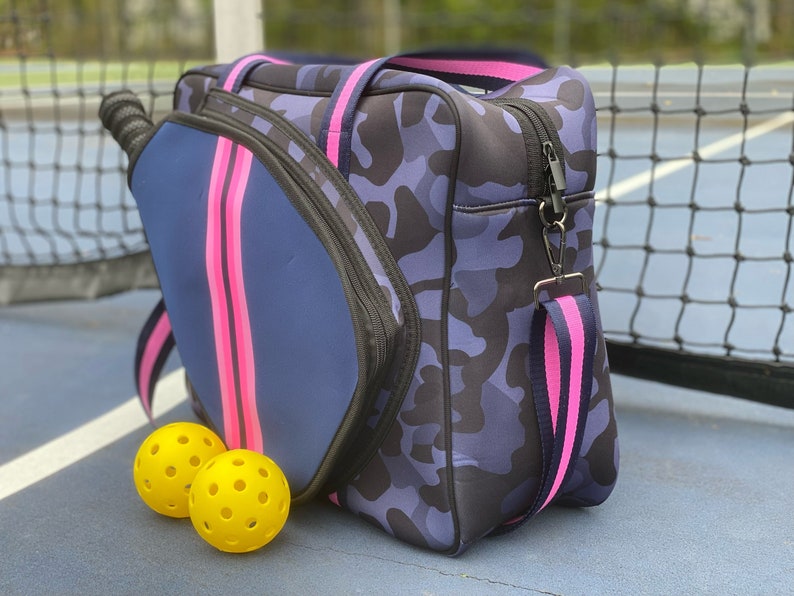 PICKLEBALL BAG Neoprene Paddle Tennis Bag, Platform Tennis Bag, Pickle ball, Blue Camo, Pink, Navy Blue, Black, Camouflage image 3